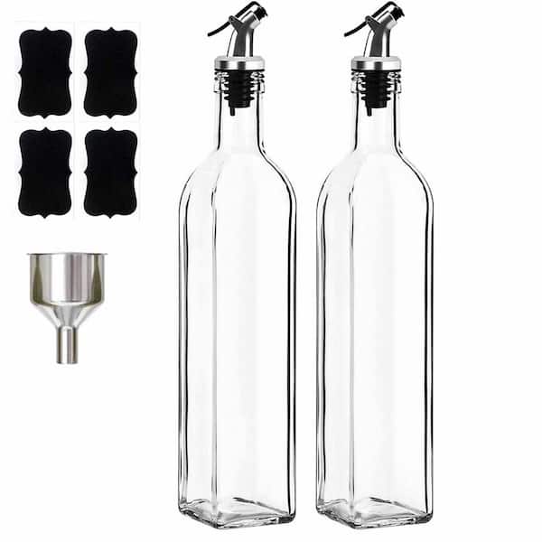 17 oz. Square Glass Oil Dispenser Bottles, 2-Pack with Pourers, Labels and Funnel