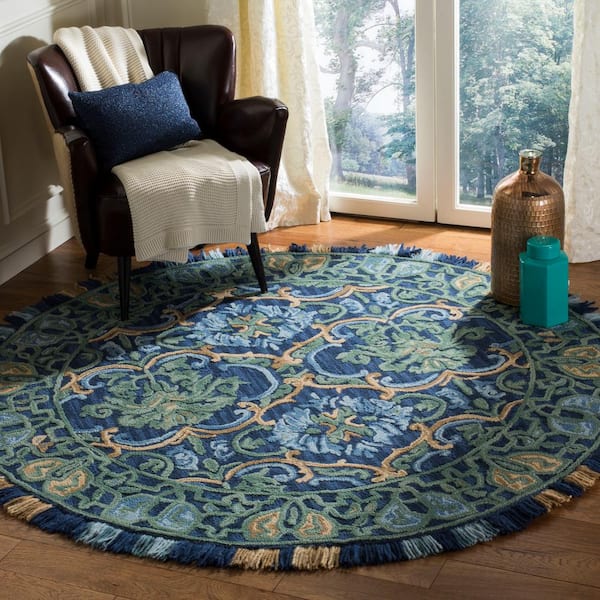 Blossom 10 ft. x 10 ft. Round Navy/Green Border Area Rug