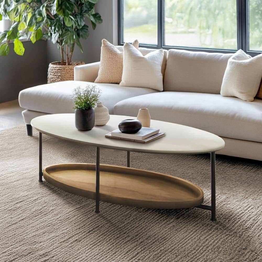 White and Natural Oval Wood Metal Coffee Table