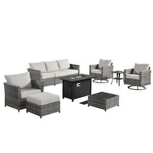 Eufaula Gray 10-Piece Wicker Outdoor Patio Fire Pit Conversation Sofa Set with Swivel Rocking Chairs and Beige Cushions