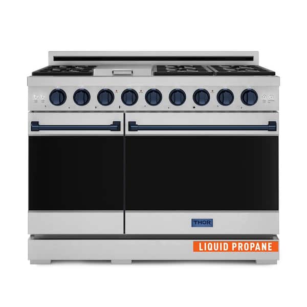 Gordon Ramsay Series 48 in. 6-Burners Double Oven Gas Range in SS/Navy Blue with Convection and Grill in Propane