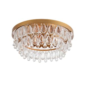 Adela 15 in. Dia Brushed Brass 3-light Flush Mount with Crystal Glass Teardrops