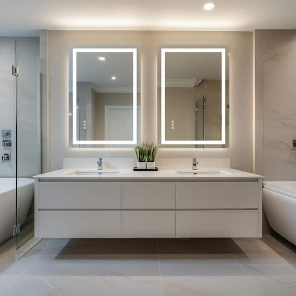 24 in W x 40 in H Rectangular Frameless Wall Mount 3-Colors Dimmable Anti-Fog LED Bathroom Vanity Mirror with Memory