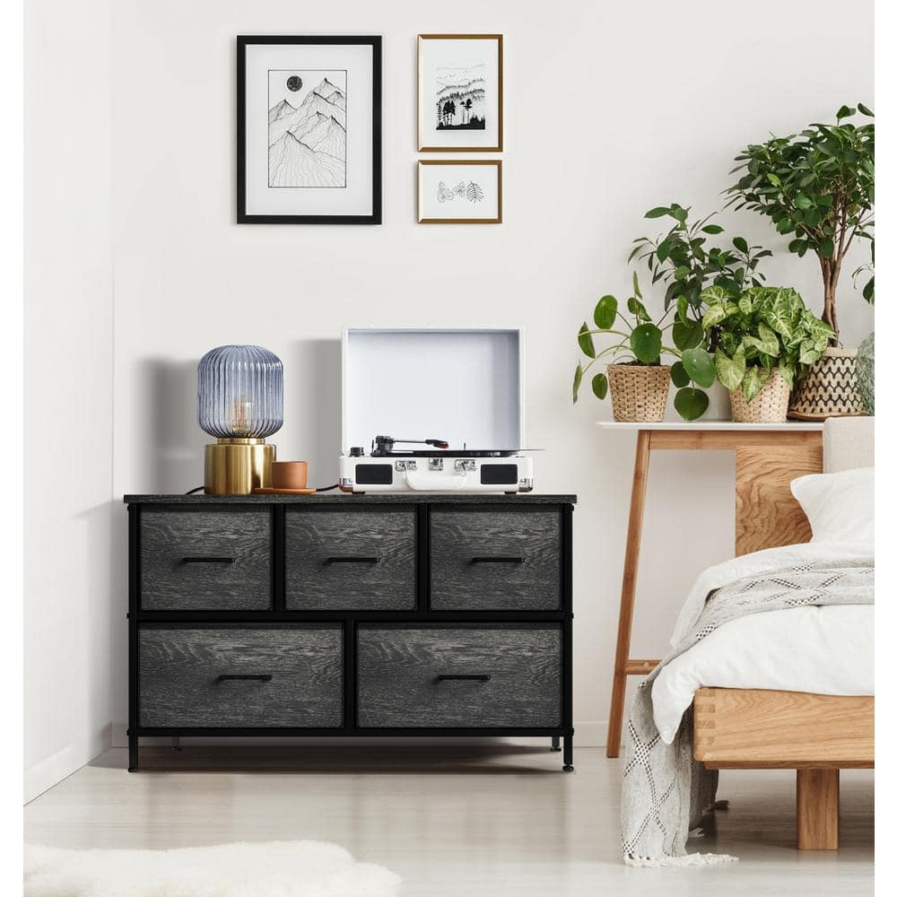 Black Fabric and Wood 5-Drawer Horizontal Dresser