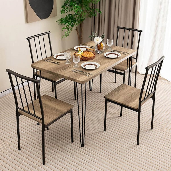 Gymax 5-Piece Natural Wood Dining Table Set for Small Space Kitchen Table Set Seats 4