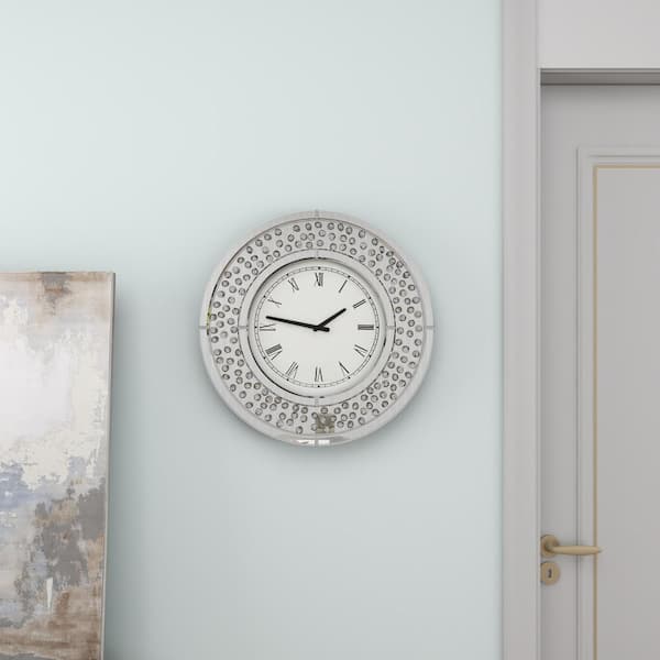 Litton Lane White Glass Mirrored Wall Clock with Floating Crystals