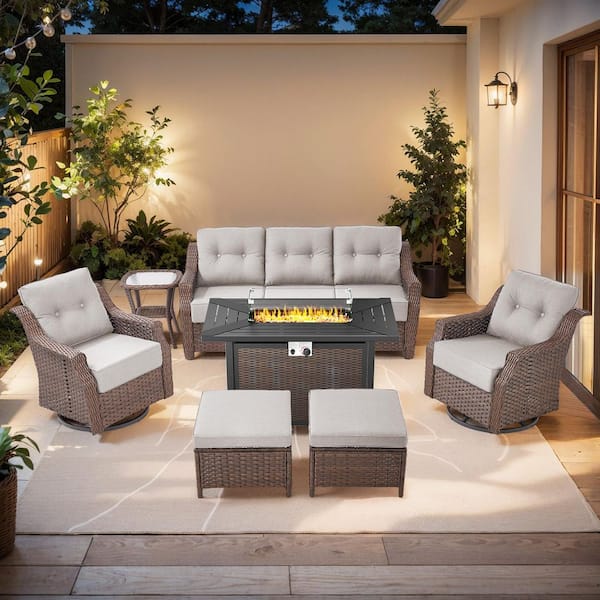 Modern Farmhouse 7-Piece Brown Wicker Patio Fire Pit Conversation Set with Beige Cushions and Rectangle Metal Fire Pit