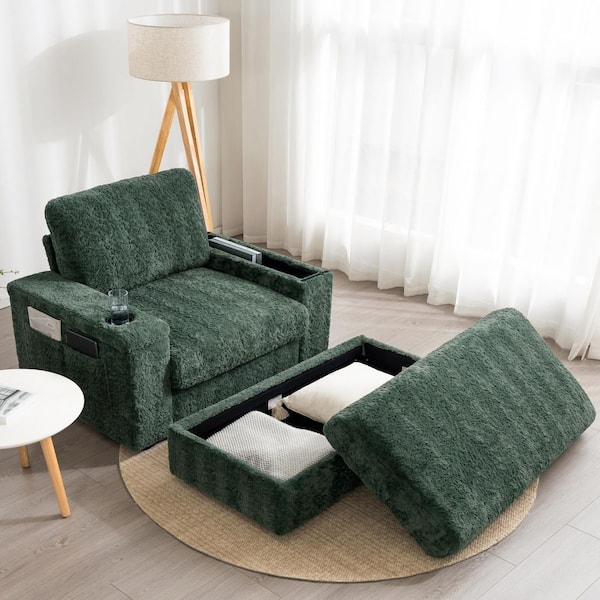 Green Faux Fur Leather Chaise Lounge with Storage Ottoman and Cup Holders