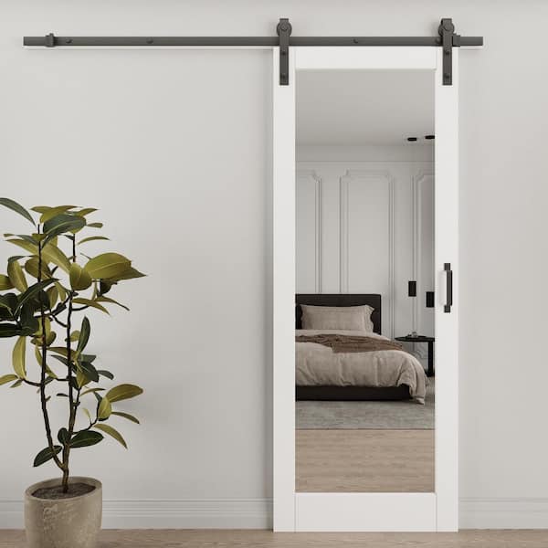 32 in. x 84 in. Paneled White Mirrored Glass Primed MDF Sliding Barn Door with Hardware Kit