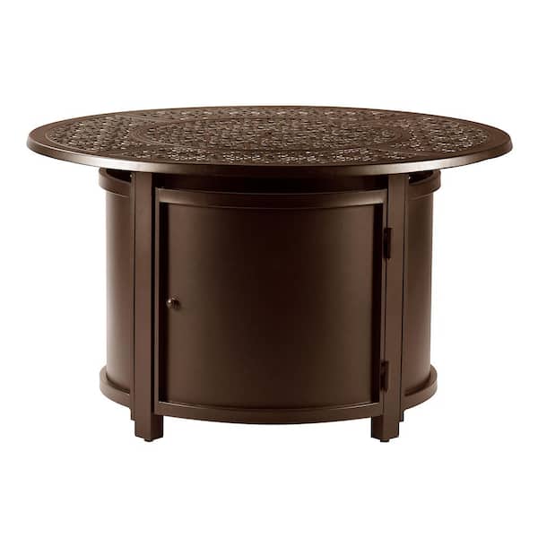 Oakland Living 44 in. x 44 in. Brown Round Aluminum Propane Fire Pit Table with Glass Beads, 2 Covers, Lid, 55,000 BTUs