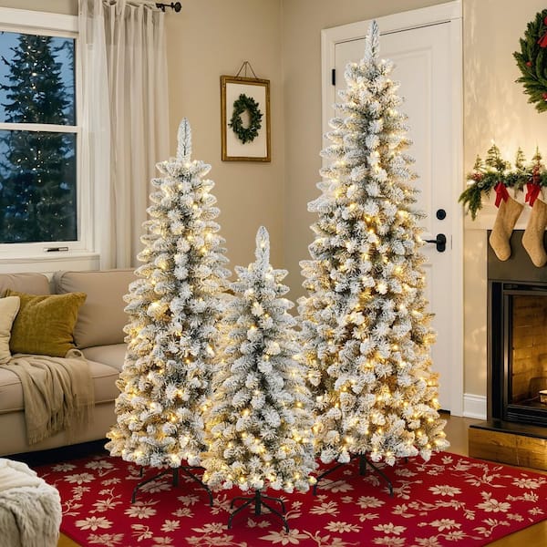 3-Pieces Pre-Lit Artificial Christmas Tree Set w/ Warm LED Lights, 4 ft. 5 ft. 6 ft. Snow Trees for Indoor Holiday Décor