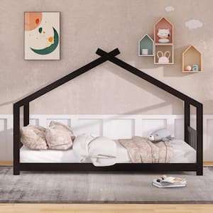 Espresso Twin Size Toddlers House Bed with Headboard and Footbard, Wood House Shape Floor Kids Capony Bed Frame