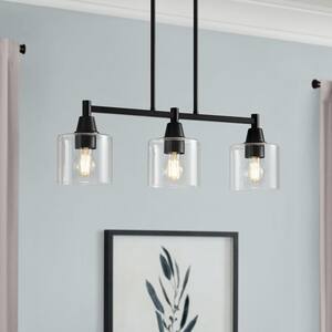 Oron 3-Light Black Linear Island Pendant Hanging Light, Kitchen Lighting with Clear Glass Shades