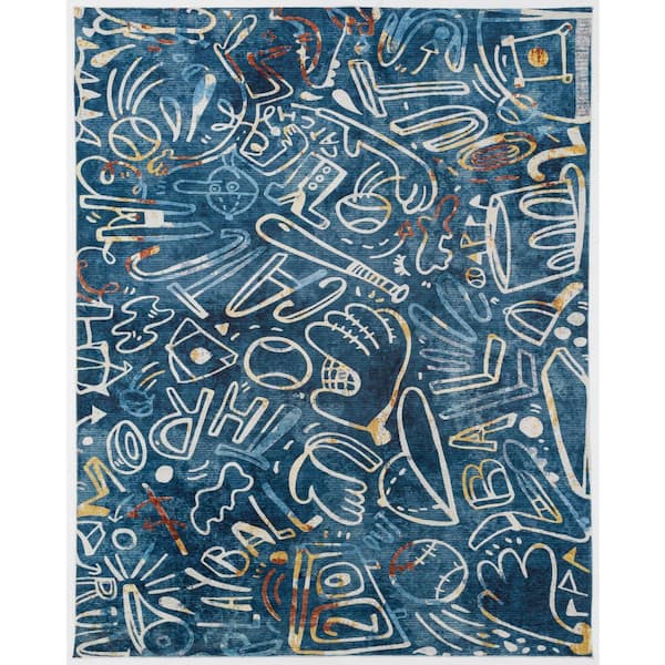 Sportsglyphs Blue 6 ft. Round Abstract Area Rug