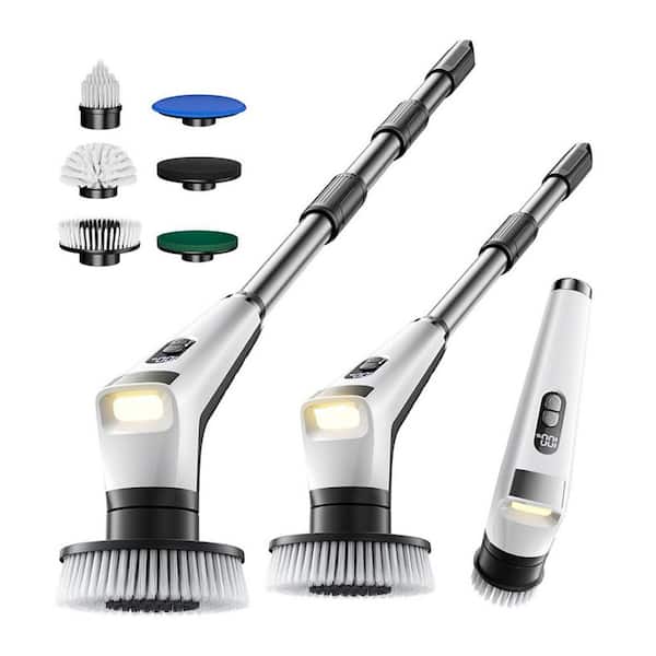 Cordless Automatic Floor Scrubbers in White with 5 Replaceable Brush Heads for Bathroom and Kitchen Tile Cleaning