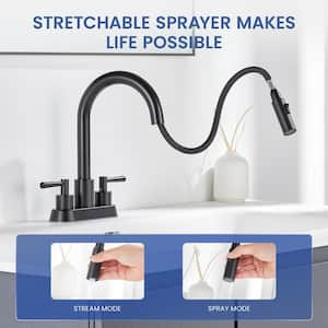 4 in. Centerset Double Handle High Arc Bathroom Sink Faucet with Pull Out Sprayer and Pop Up Drain in Matte Black