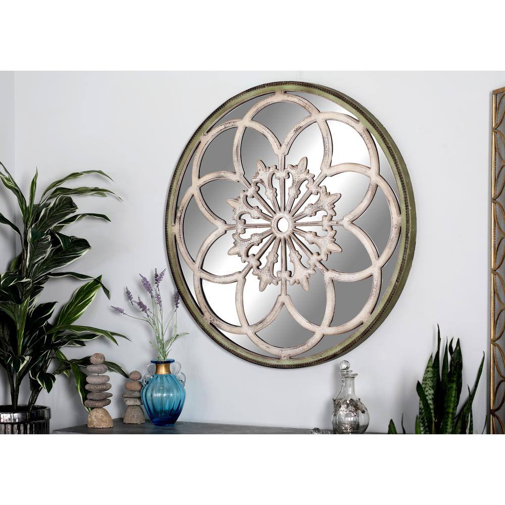 Vintage White Floral Medallion Round Wall Mirror