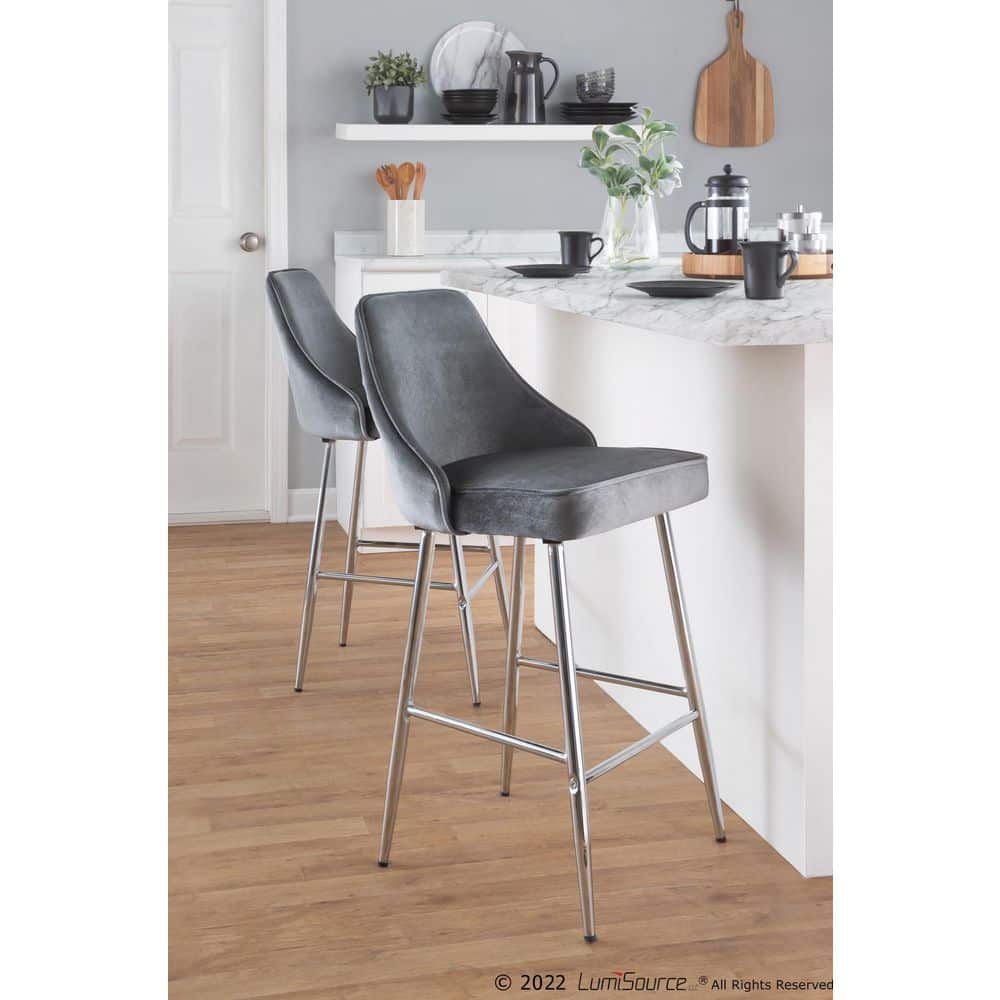Marcel 25" Chrome and Gray Velvet Counter Stools - Set of 2
