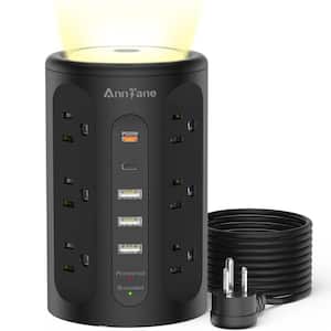 12-Outlet Power Strip Tower Surge Protector with 3 USB Ports and Night Light in Black