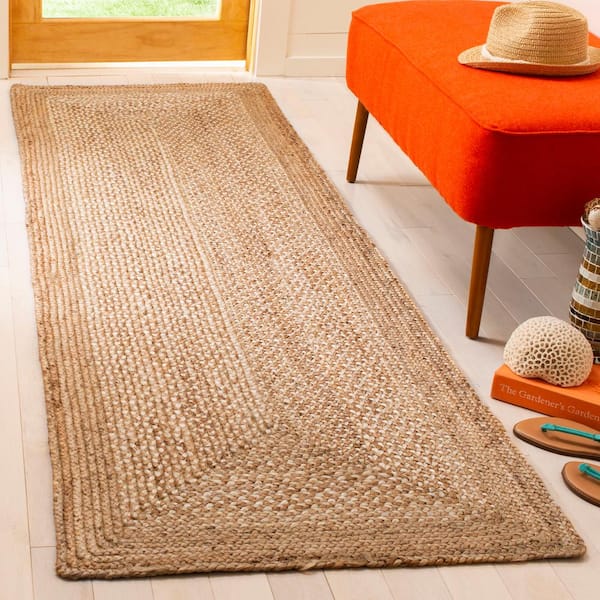 Natural Fiber Beige/Ivory 3 ft. x 12 ft. Woven Border Runner Rug
