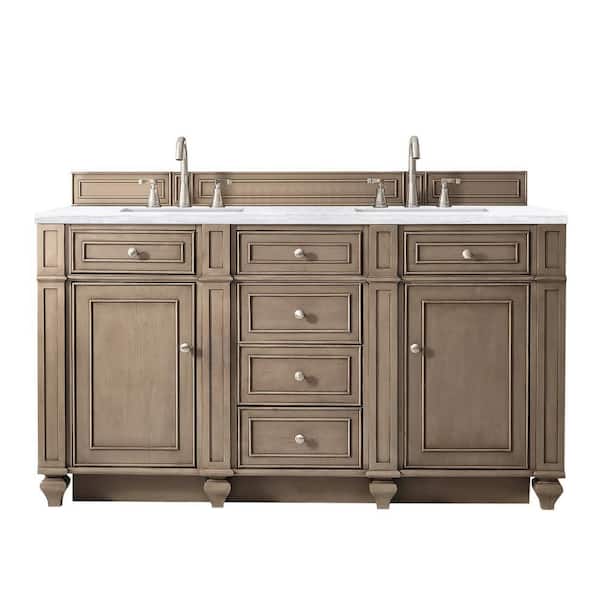 James Martin Vanities Bristol 60 in. W x 23.5 in. D x 34 in. H Double Bathroom Vanity in Whitewashed Walnut with Arctic Fall Solid Surface Top