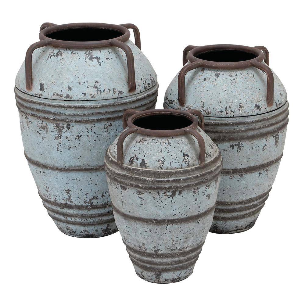 Distressed Blue Metal Amphora Vases with Handles, Set of 3