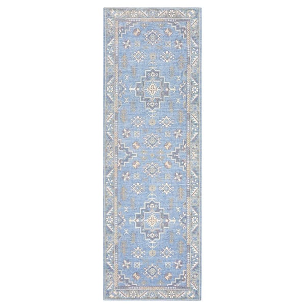 TOWN & COUNTRY LIVING Luxe Livie Forever Vintage Blue Ivory 24 in. x 72 in. Machine Washable Runner Kitchen Mat