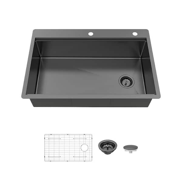 33 in. Drop-In Single Bowl 18-Gauge Gunmetal Black Stainless Steel Kitchen Sink and Accessories