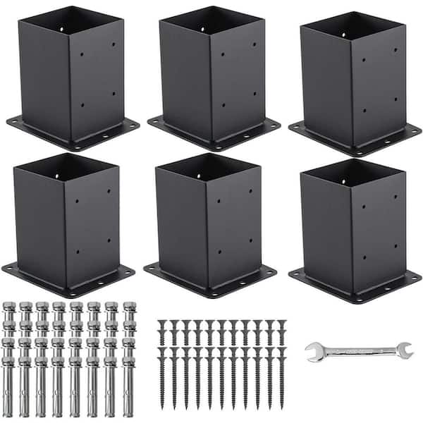 Steel Black Powder-Coated 4x4 Post Base Anchor Support for Fence Mailbox Pergola Includes Screws Wrench (6-Pack)