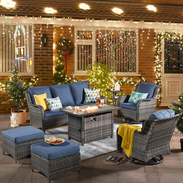 OVIOS Joyoung Gray 7-Piece Wicker Patio Rectangle Fire Pit Conversation Set with Denim Blue Cushions and Swivel Chairs