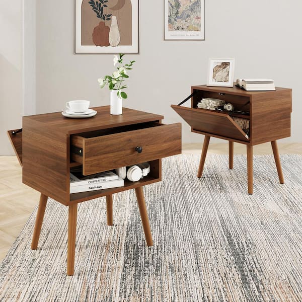MAZEFUR Blair Mid Century Modern Walnut 1 Drawer Hidden Compartment Nightstand Bedroom Side Table with Wooden Legs Set of 2 ZB 003 01HD