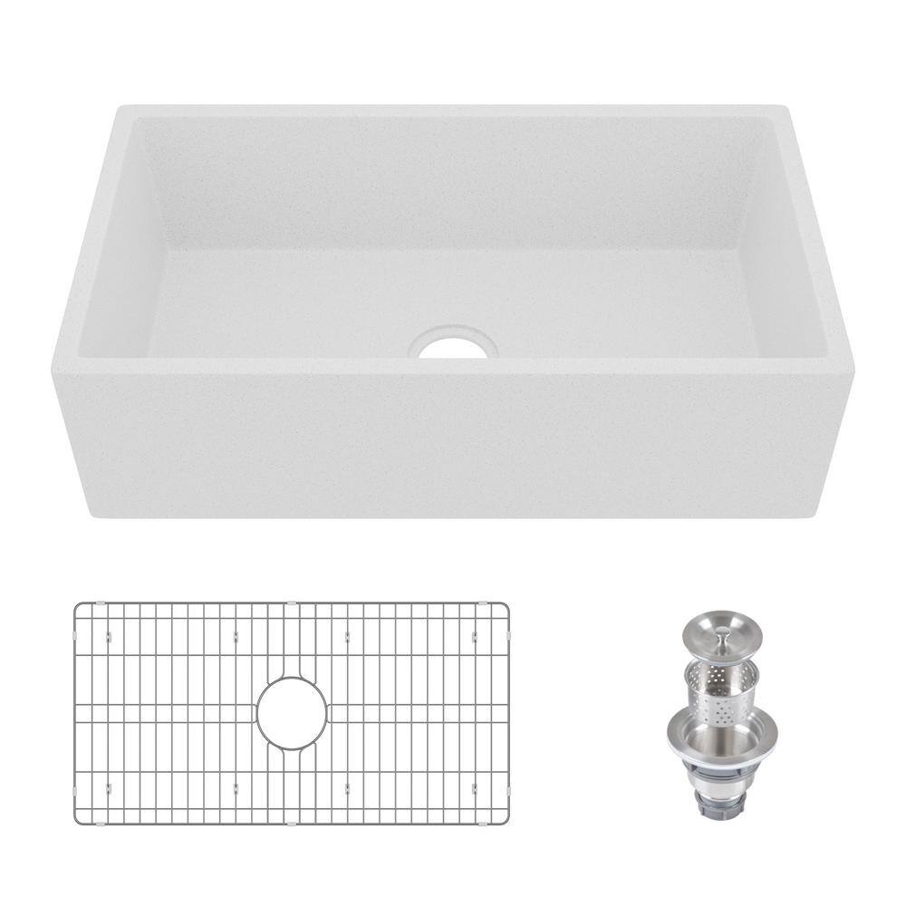 Gritty White Concrete Farmhouse Kitchen Sink with Stainless Steel Grid