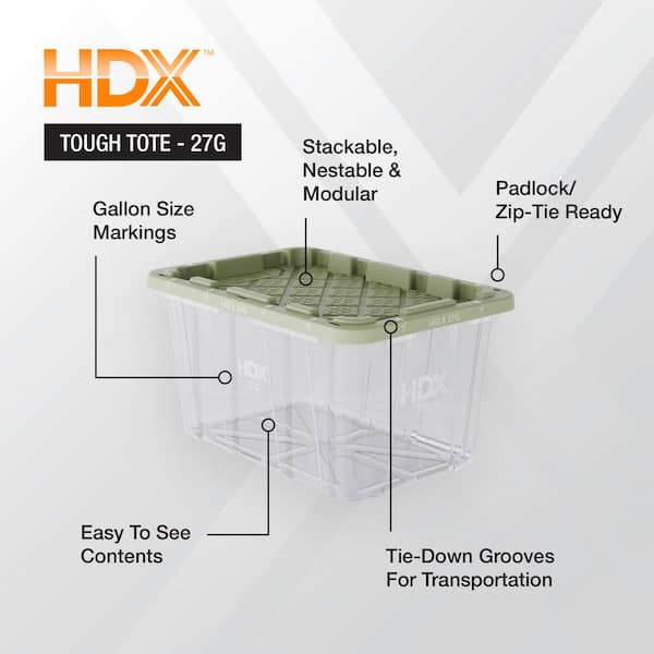 27 gal. Clear Tough Tote with Army Green Lid-4 Pack