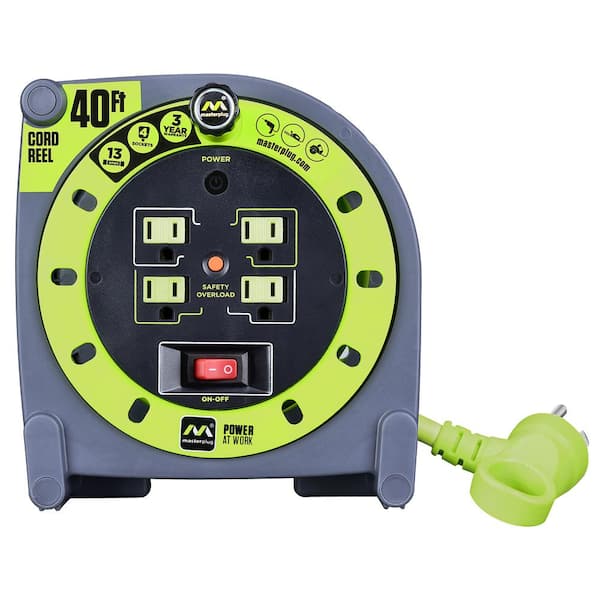 Power At Work Metal Steel Drum with Four Powered Outlets, Open Cord Reel  with Winding Handle, Overload Circuit Breaker and Power Switch, 100 Feet