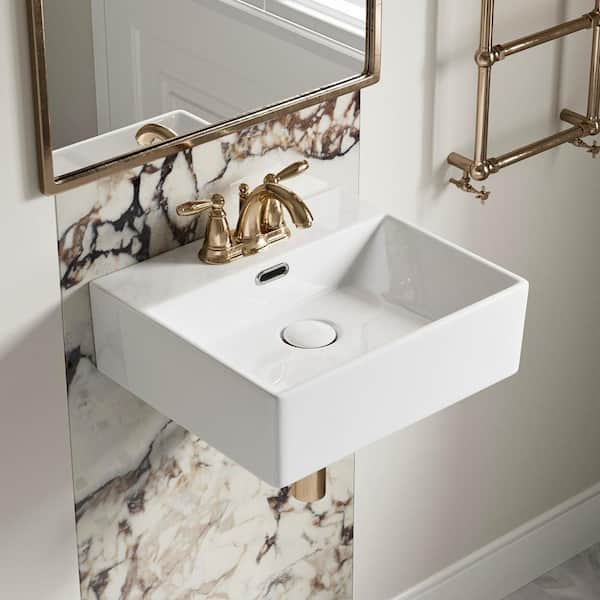 16 in. x 14 in. Wall Mounted Bathroom Sink with 3 Pre-Drilled Faucet Holes, White Rectangular Sink with Overflow