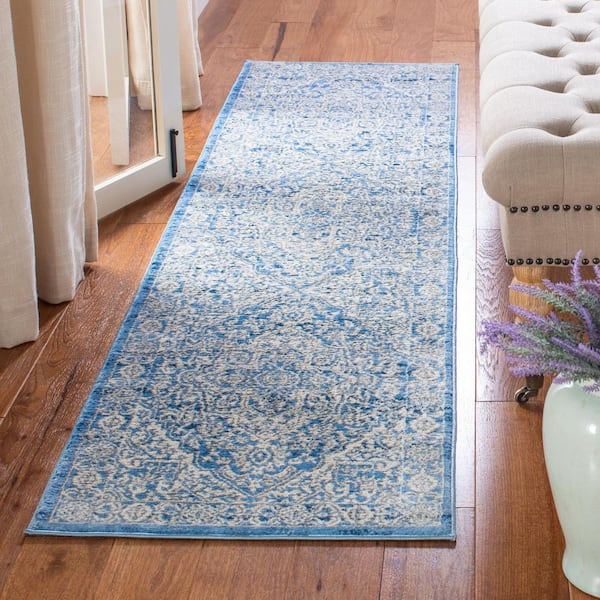 Brentwood 2 ft. x 18 ft. Ivory/Navy Medallion Runner Rug