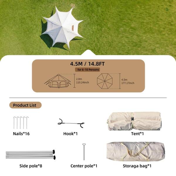 Aionor 14.8 x 9.2 ft 600D Oxford Bell Tent with Stove Jack Large