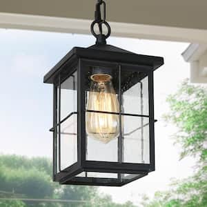 Mill Modern Farmhouse Black Outdoor Pendant Light 1-Light Coastal Hanging Lantern with Seeded Glass for Covered Patio