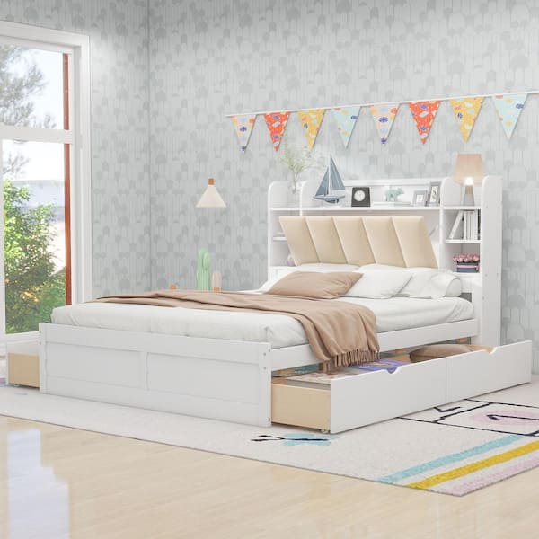 Polibi White Wood Frame Queen Size Platform Bed with Storage Headboard, Shelves and 4 Drawers