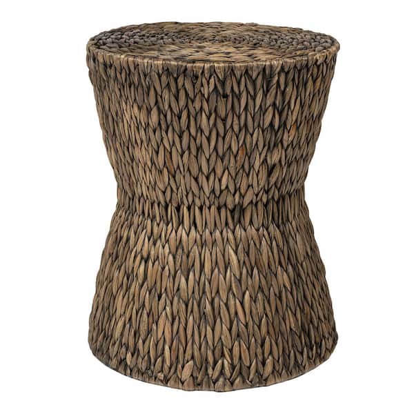 Natura 15.75 in. Coastal Bohemian Handwoven Water Hyacinth Wicker Round Hourglass End Table, Brown