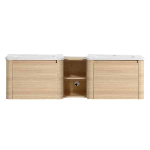 68 in. Wall-Mounted American White Oak Bath Vanity with White Ceramic Top and Storage Shelves Unassembled