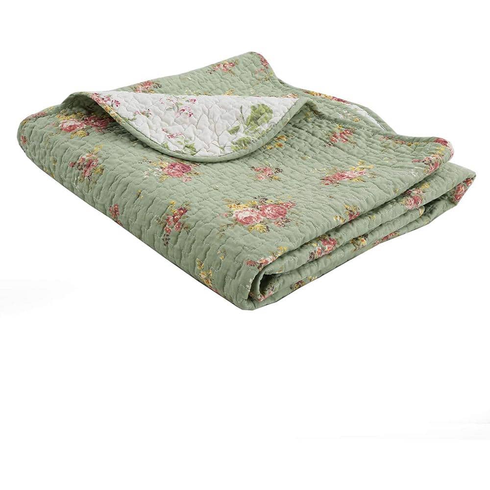 Vintage Floral Sage Green Cotton Reversible Throw Blanket 60" x 50"