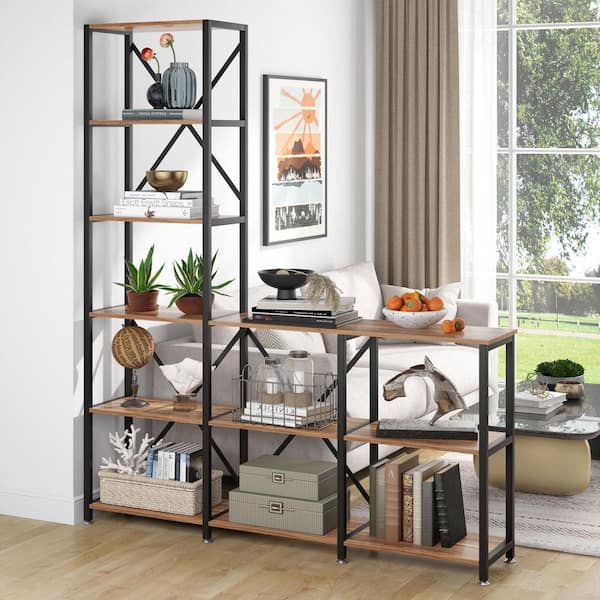 BYBLIGHT Eulas 70.8 in. Tall Brown Engineered Wood 9-Shelf Standard Bookcase with Storage Shelves