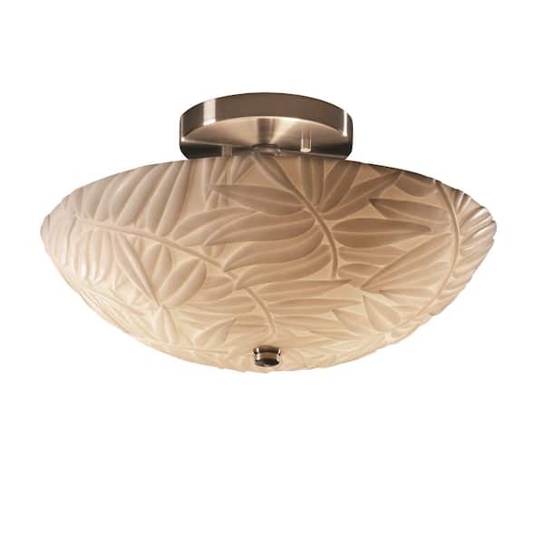 Justice Design Porcelina 14 in. 2-Light Brushed Nickel Semi-Flush Mount with Bamboo Shade