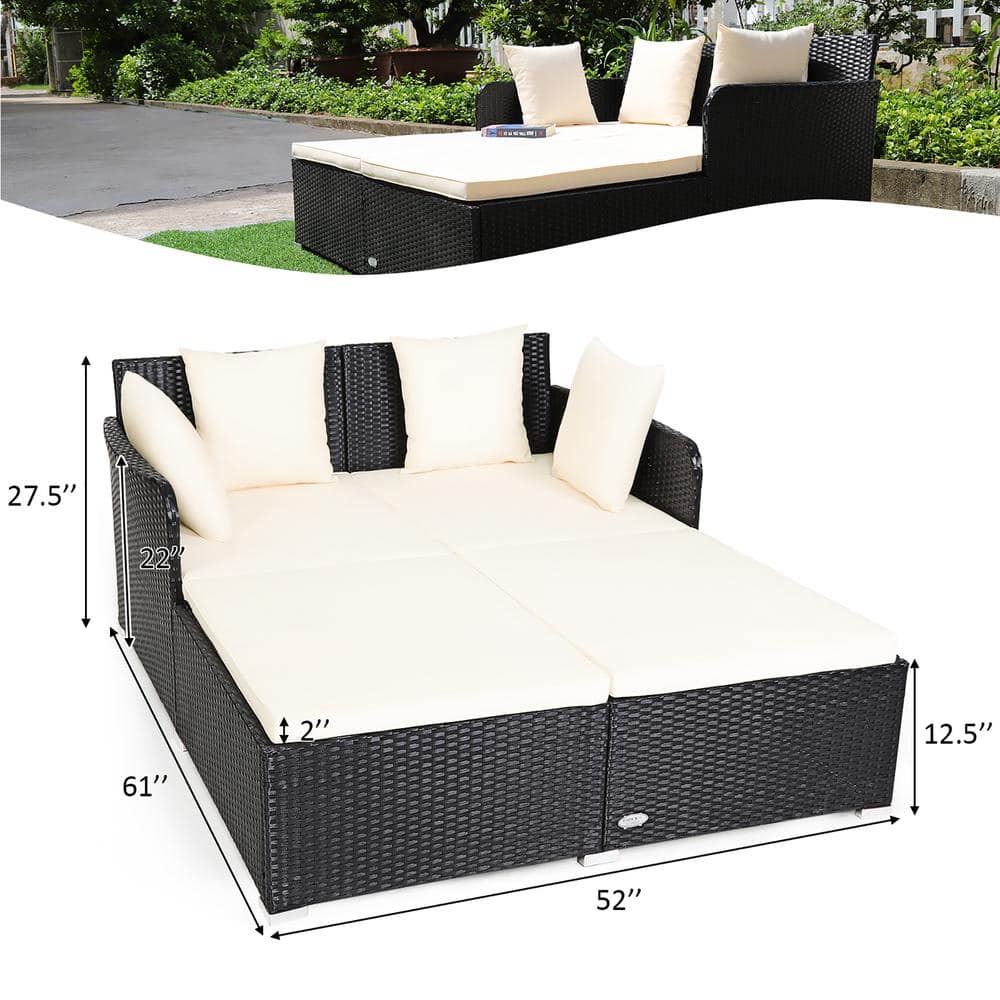 Beige Rattan Outdoor Daybed with Cushions and Pillows