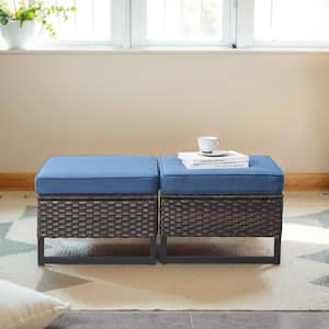 U-Weave Metal and Brown Wicker Outdoor Ottoman with Olefin Navy Blue Cushion (2-Pack)