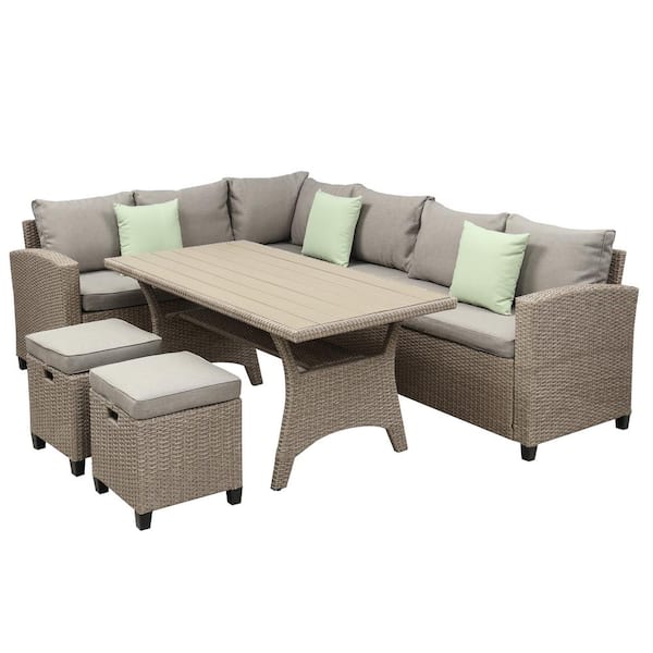 maocao hoom 5-Piece Brown Wicker Patio Conversation Set with Beige Brown Cushions