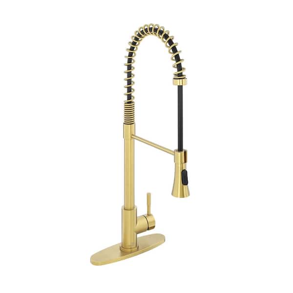 Boyel Living 2-Spray Patterns Single Handle Pull Down Sprayer Kitchen Faucet with Deckplate and Water Supply Hoses in Brushed Gold