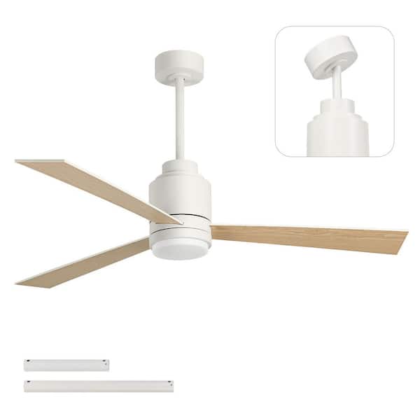 TOZING 52 in. LED White and Wood Indoor Ceiling Fan with Light, Quiet DC Motor, 3-Color Dimmable, for Sloped Ceiling, 2-Downrod