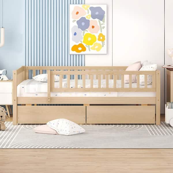 Harper & Bright Designs Natural Full Size Wood Platform Bed with Full-Length Guardrail and 2-Drawers